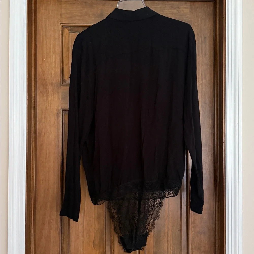 Free People Intimately Elsa Bodysuit Black Lace Surplice Bodysuit M Black NWT